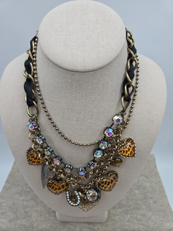 BETSEY JOHNSON Leopard Lucite Puffy Heart Crystal Multi Strand Charm Necklace  - Image 2 of 4