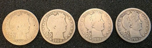 90% Silver Lot of 4 1900-1903 Barber Quarters