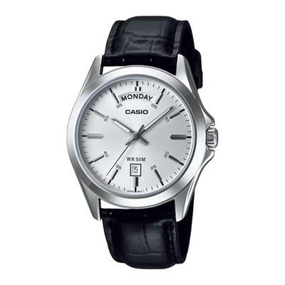 Casio Men s Silver Dial Analog Watch with Black Leather Band - MTP-1370L-7AVDF