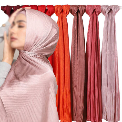 Frauen Crinkle Satin Faltenschal Hijab Langer Schalldämpfer Für Lady Shawl Wrap - Picture 1 of 58