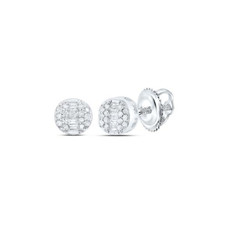 10K White Gold Genuine Round  Baguette Diamond Round Stud Earrings 1/6 CT.