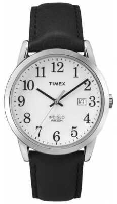 Timex TW2P75600, Men's Easy Reader Black Leather Watch, Indiglo, Date, NEW