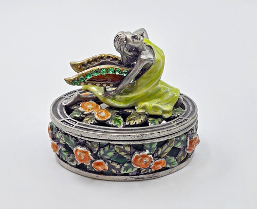 * BEAUTIFUL VINTAGE BEJEWELED GREEN FAIRY PEWTER TRINKET BOX *