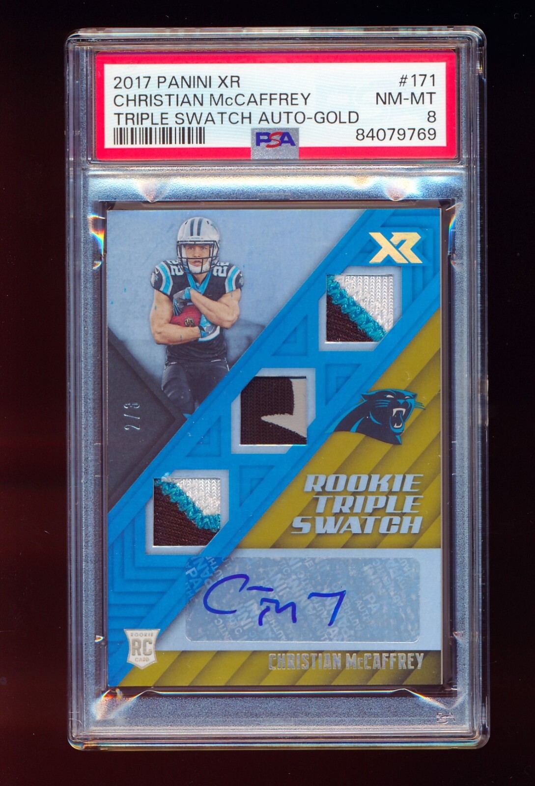 Christian McCaffrey Panini XR #171 Triple Swatch Autograph-Gold