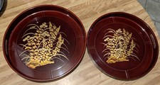 2 - Vintage Asian Chinese Japanese Lacquered Trays Lacquerware - Red & Gold Set
