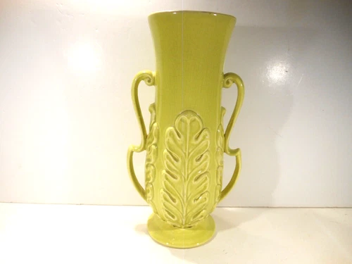 Vtg Red Wing Vase #1379 Lime with Grey Handled Vase Raised Leaf 1948 Orig. Seal!