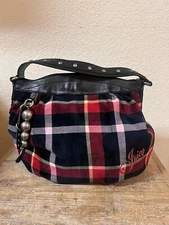 VINTAGE JUICY COUTURE MULIT PLAID VELOUR AND BLACK LEATHER STUDDED BAG W/CHARMS