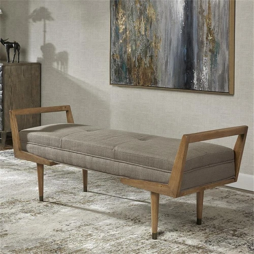 Uttermost Waylon Wood Metal and Fabric Tufted Bench in Taupe and Oak - Picture 2 of 9