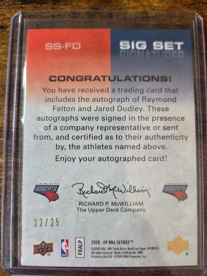2008-09 Skybox Raymond Felton Jared Dudley Sig Set Signatures Auto 22/25 #SS-FD - Image 2 of 2