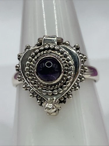 (17) Poison Locket Ring Vintage 925 Sterling Silver Amethyst 15x15 mm Sz 7.75