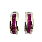 14K Solid White Gold Natural Pink Ruby Hoop Earrings Channel Set
