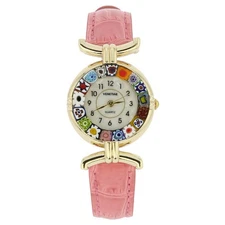 GlassOfVenice Murano Glass Millefiori Watch with Leather Band - Pink Multicolor