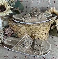 DV Dolce Vita  Bonita  Beige Fuzzy Footbed Rhinestone Slide Sandals Womens Sz 10