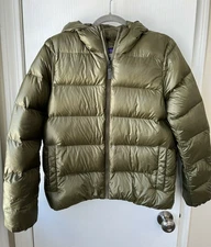 Patgonia Down Puffer M Khaki Gold Womens 2-way zip Ski Jacket Hoodie