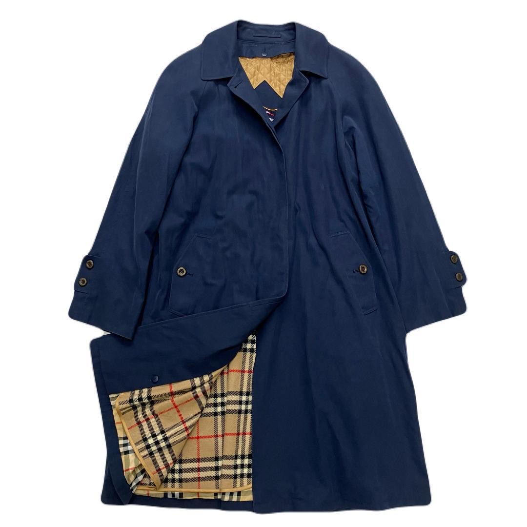 Burberry Vintage Sten Collar Coat Navy Cotton Nova Check Liner Size 40 For Women