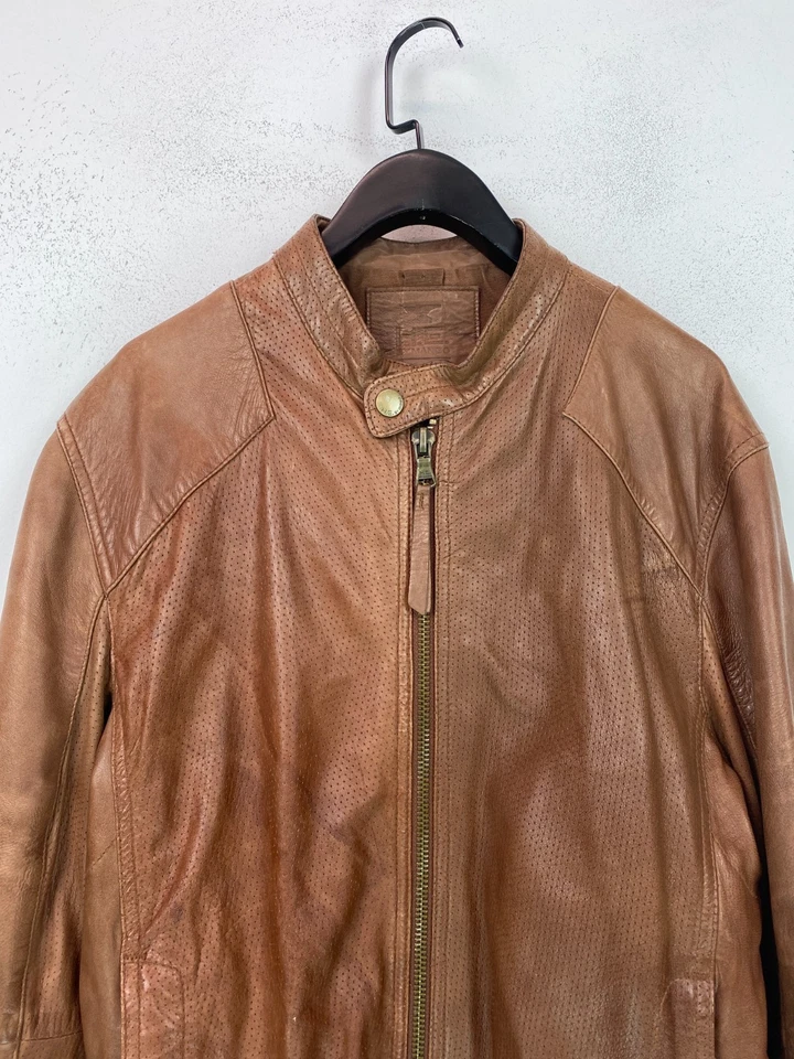 HE By Mango Tan Leather Biker Jacket Zip Front Pockets Moto Style Medium - Image 4 of 4