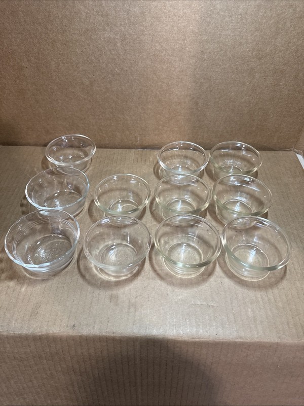 9 Vintage 60s Clear Heavy Pyrex Glass Restaurant Ramekins Custard Cup Bake Bowls