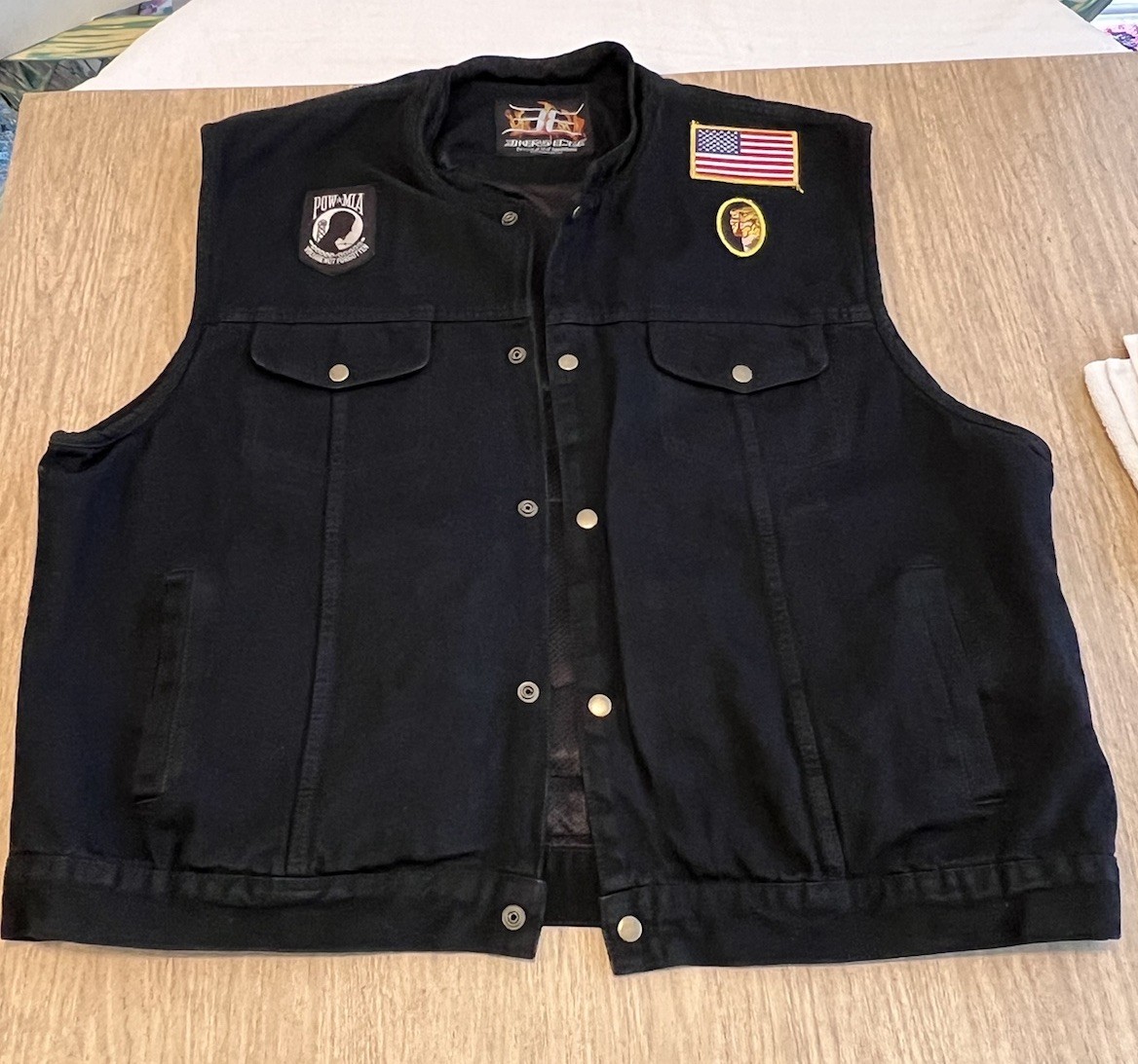 Biker's Edge Black Denim Motorcycle Vest Decorated w/Multiple Patches Frt & Back