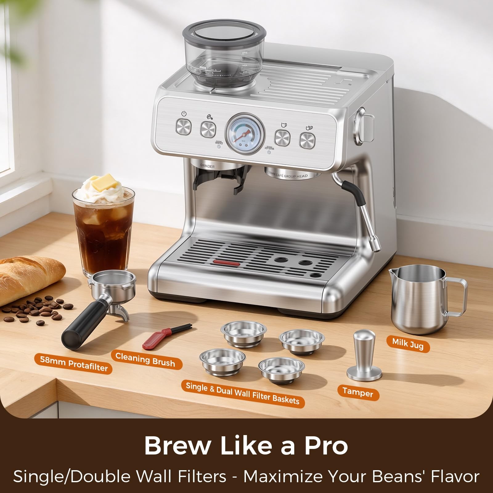 Electactic 15 Bar Espresso Machine with Grinder & Milk Frother, 58mm Expresso alternate view 2