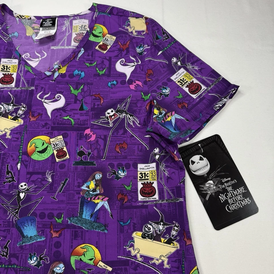 Disney The Nightmare Before Christmas Pocketed Scrub Top VNeck Purple Size S NEW - Image 3 of 4