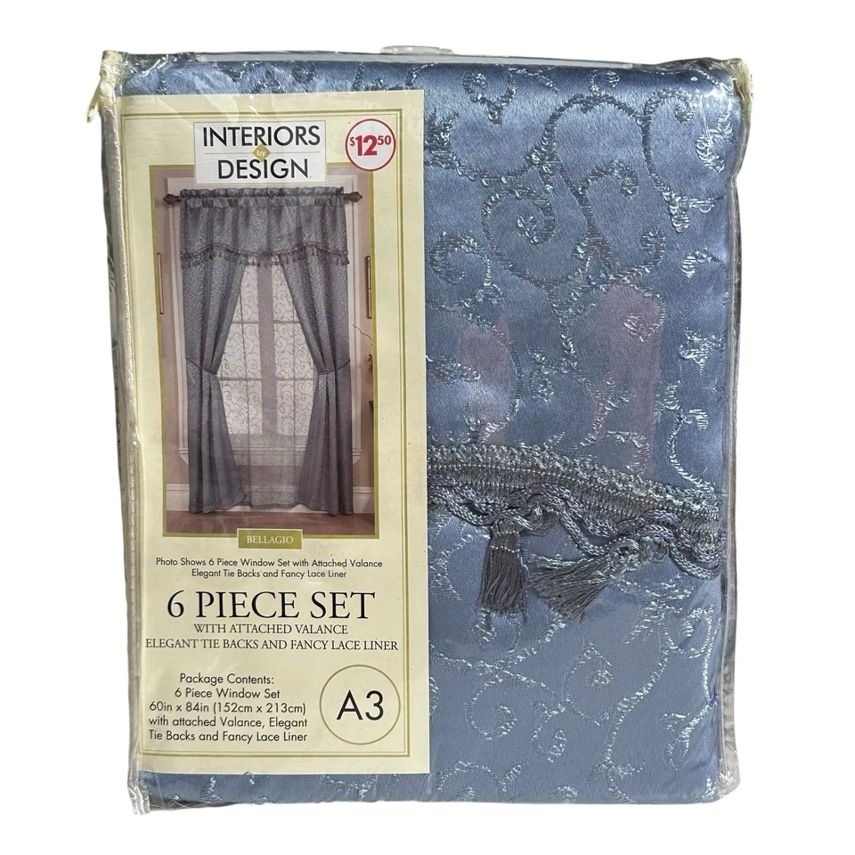 Juego de cortinas de ventana de 6 piezas BELLAGIO azul cenefa lazos forro de encaje elegante A3 Foto 3 de 4