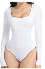 Segarra Long Sleeve Square Neck Bodysuit White Large Tummy Control Shapewear