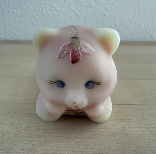 Fenton Satin Burmese Laying Reclining Bear Hand Painted Figurine Uranium Signed