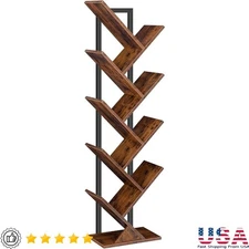 Tree Bookshelf 9-Tier Bookcase Wooden Shelves Floor Standing Storage Rack Brown 