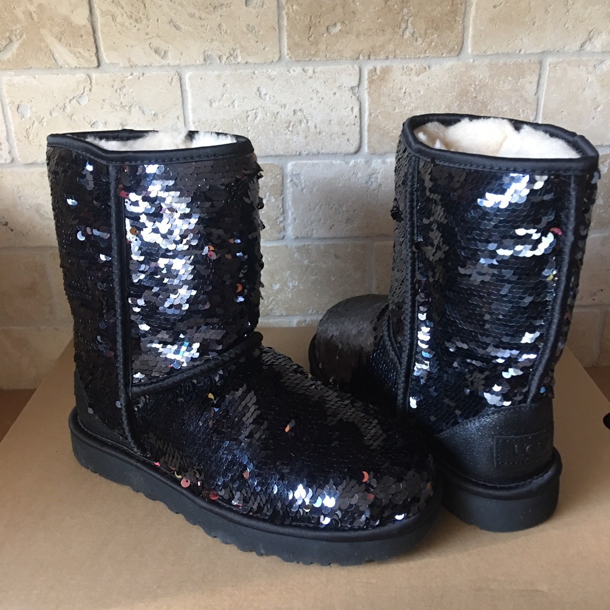UGG Classic Short Black Sparkles Sequin Sheepskin Boots Size US Womens - Main Image