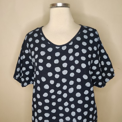 Fenini 100% Linen Top Shirt Blue Polka Dot Small Womens Short Sleeve Pullover - Picture 2 of 7