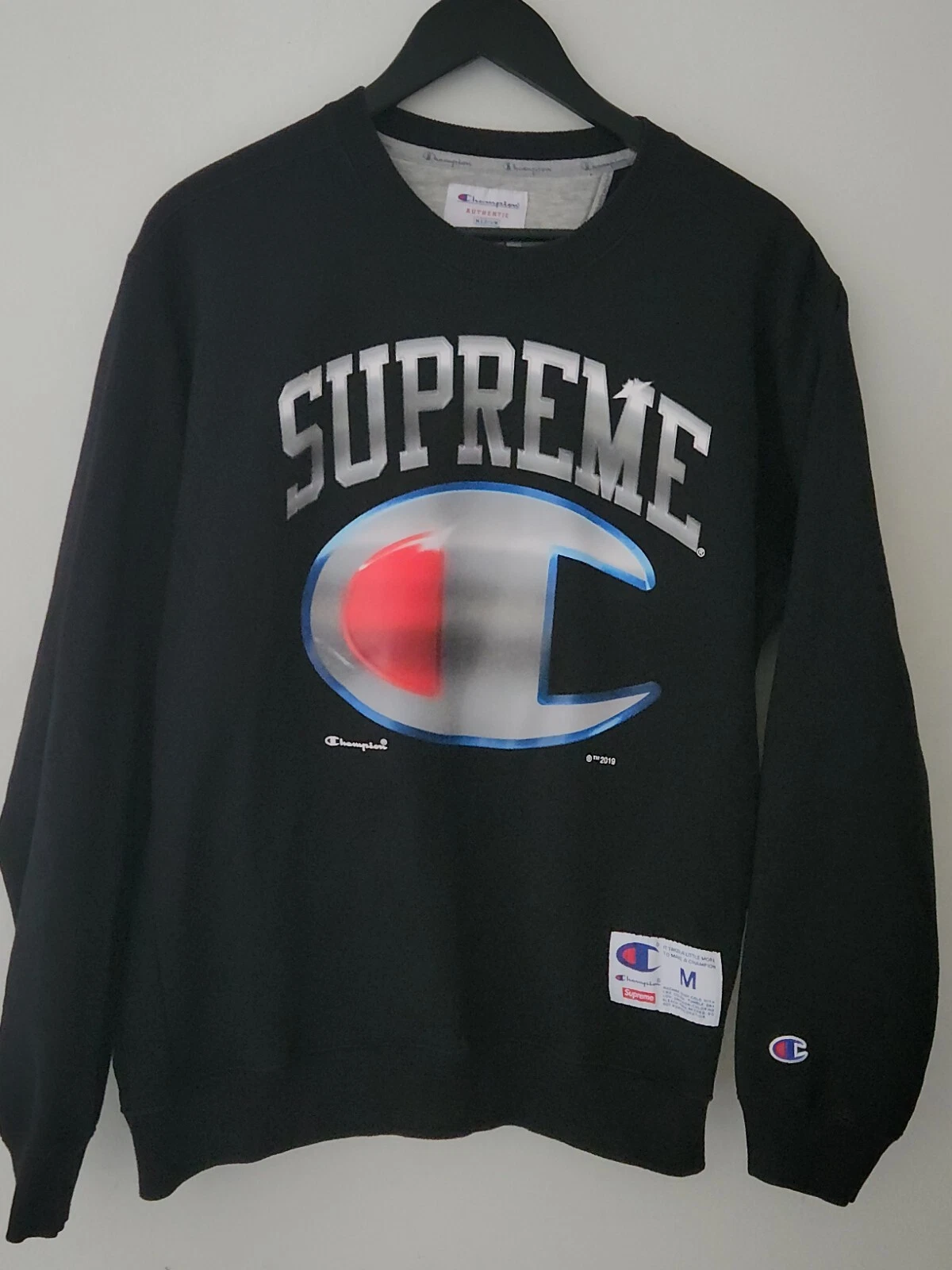 Sweat noir col rond chromé SS19 Supreme x Champion taille M pull moyen