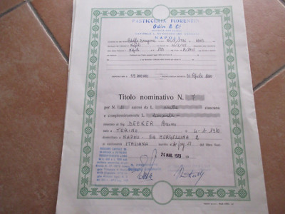 NAPLES Pasticceria FIORENTINA Spa NOMINATIVE TITLE No. 7 of 26 March 1973