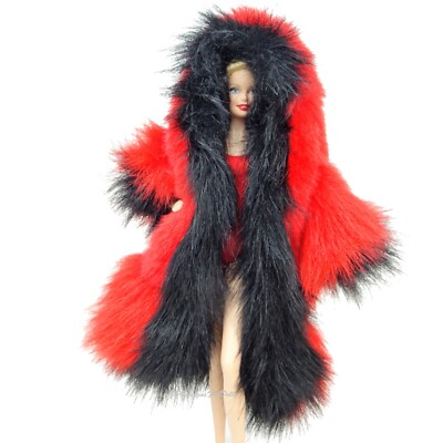 Barbie FashionThick Luxus Kunstfell rot und schwarz Mantel Puppe nicht enthalten