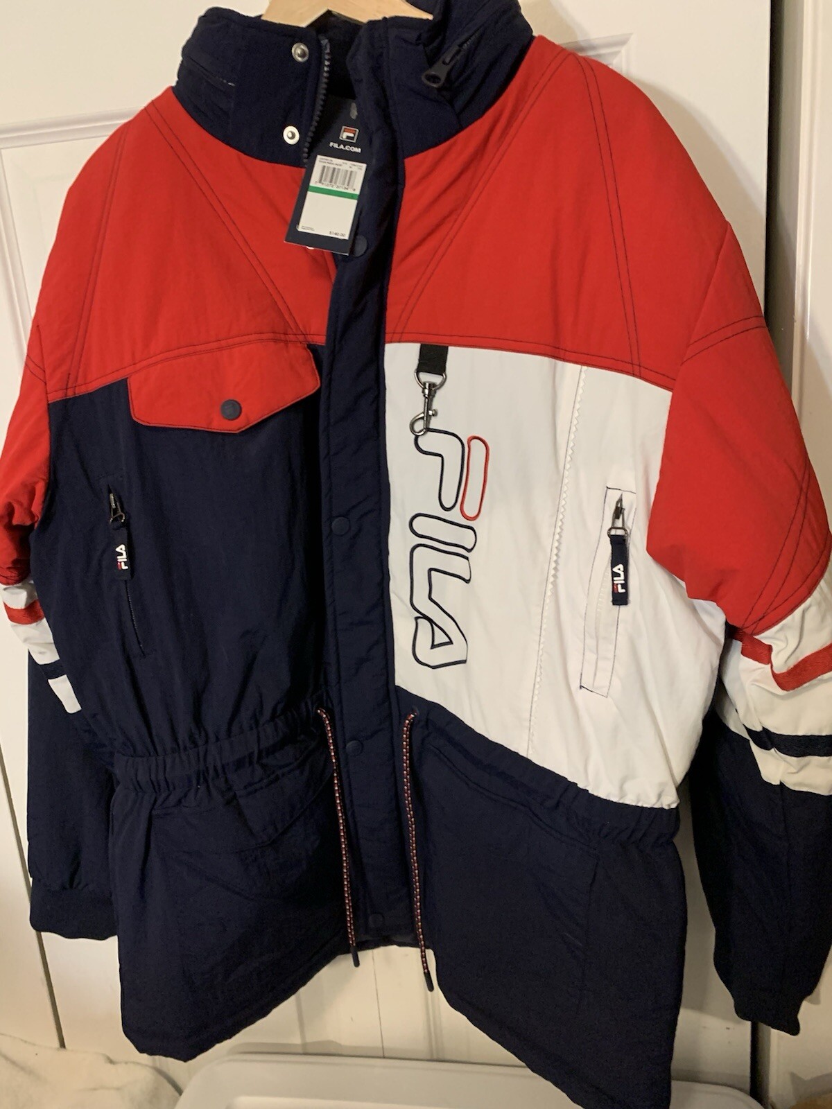 FILA Uomo Tg L Sci Invernale Snowboard Puffer Giacca Cappuccio Imballabile Blu Rosso Bianco