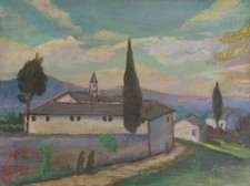 VECCHIO QUADRO DI PICCOLE DIMENSIONI VEDUTA CHIESETTA DI CAMPAGNA DIPINTO X4