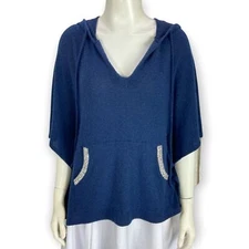 Juicy Couture Hoodie Top XS Rhinestone Pocket Fuzzy Knit Navy Blue