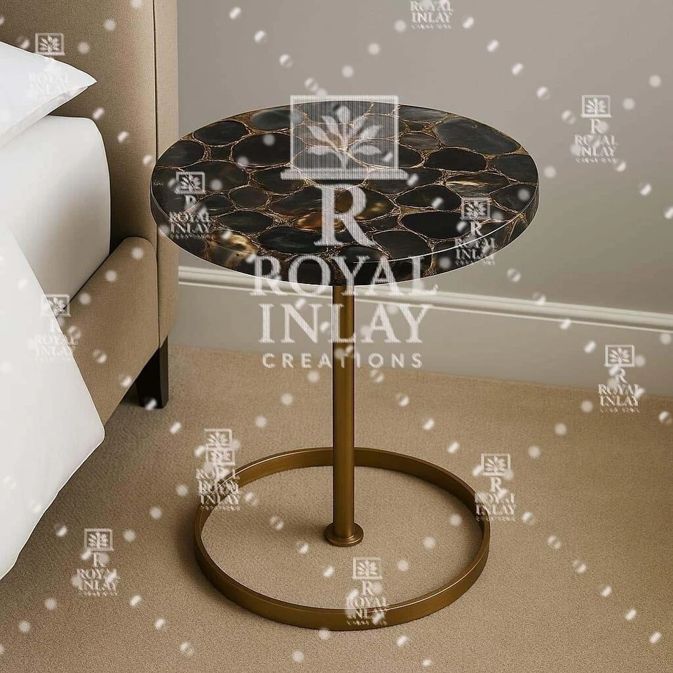 Luxury Black Agate Round Table | Handmade Gilded Copper Vein Stone Accent - Image 2 of 4