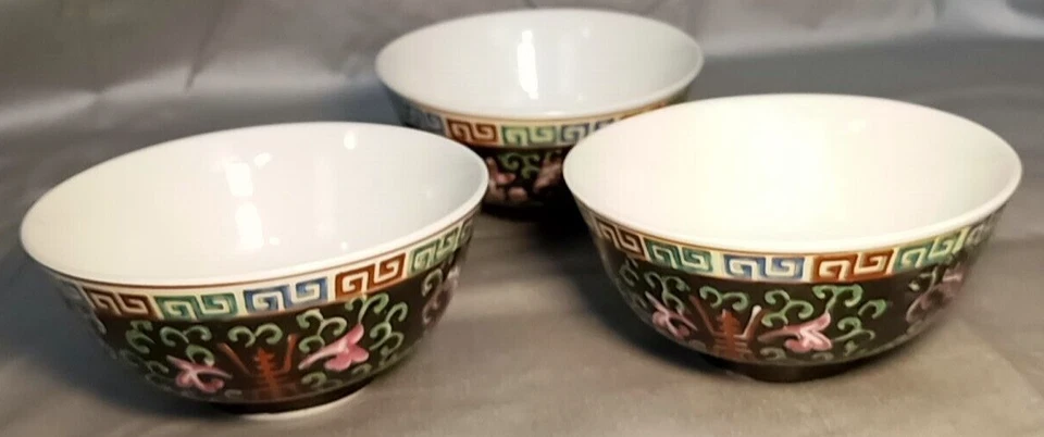 3 cuencos con patas de flor mille Mille Rose Noire Chinese Famille de colección raro perfecto Foto 2 de 4