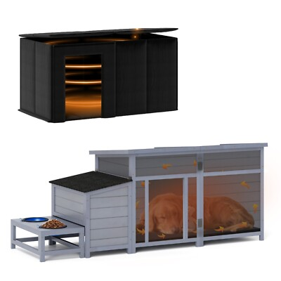 #ad Insulated Dog House Outdoor Wood Large Dog Kennel with Food Bowls and Storage $256.06
