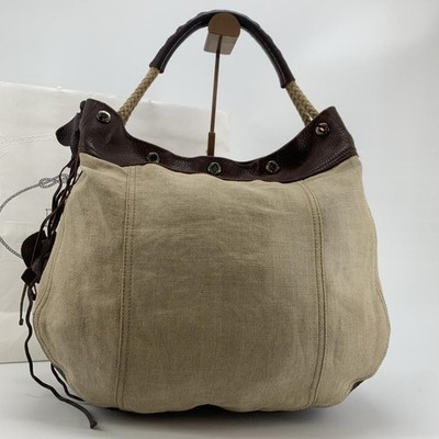 PRADA Hobo One Schultertasche Tasche Leinen Canvas Leder Elfenbein Braun Quas...