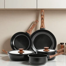 17-Piece Nonstick Aluminum Cookware Set - Detachable Handle Pots Pans Lids Black