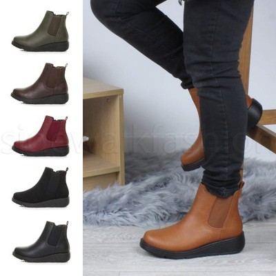 Damen Ladies Flach Niedrig Keilabsatz Komfort Reißverschluss Elastisch Stretch Chelsea Boots Größe