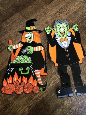 VTG Pair Eureka Dayglow Halloween DieCuts Witch Vampire Decoration 18  Cardstock