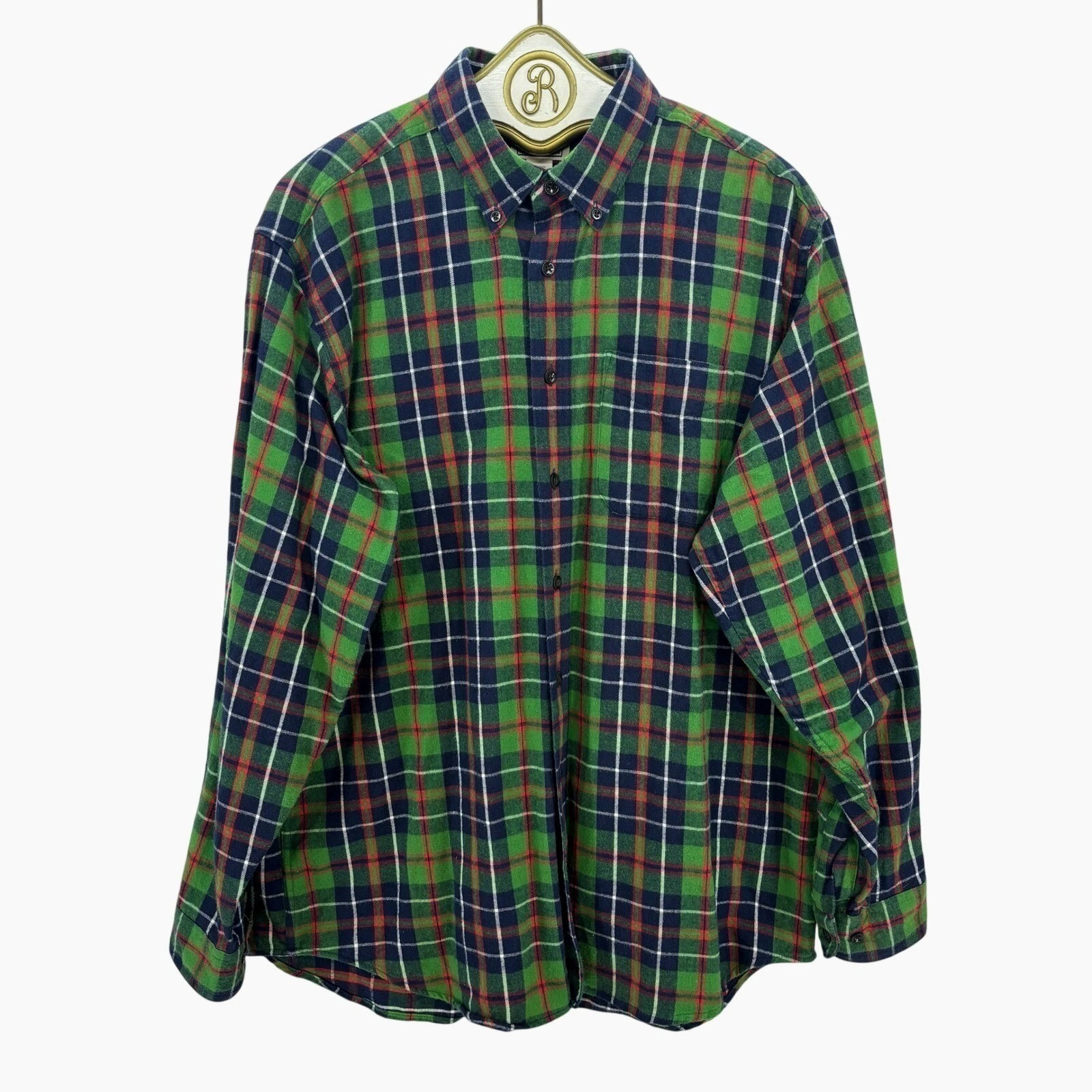 Vintage L.L. Bean Flannel Shirt Men's LARGE Green Plaid Cotton Gorpcore Hiking