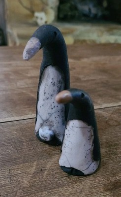 Folk Art Clay Penguin Family Figurines Handpainted Handmade Signed Set Of 2