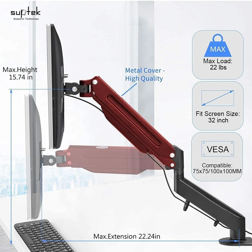 Heavy Duty Gas Spring Monitor Arm - Adjustable for 17-32" Monitors, Easy Setup - Image 4 of 4
