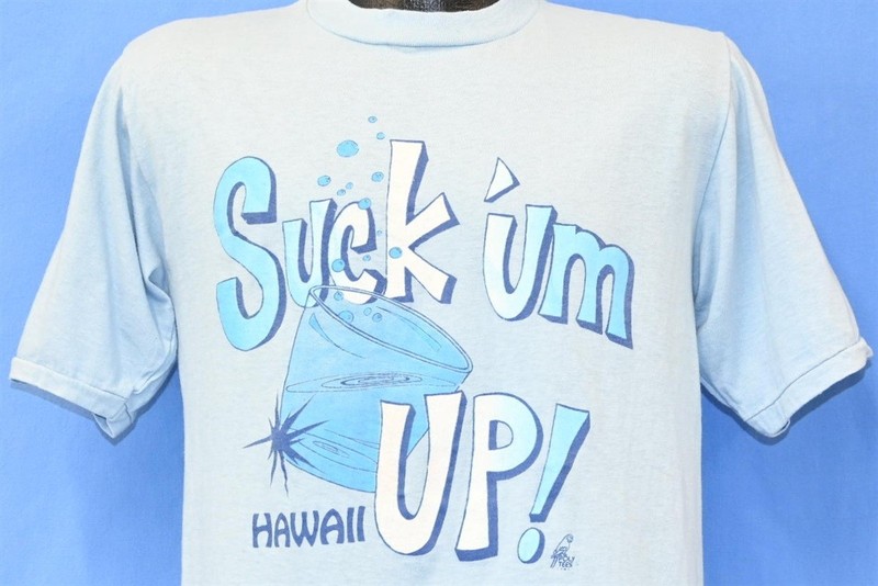 vintage 70s SUCK UM UP! HAWAII SUNSTROKES POLYTEES BLUE COTTON t-shirt MEDIUM M
