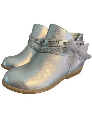 Jellypop Kids Lil Love Bug Silver Ankle Boots Booties Hearts Bow Zip Side Sz 8