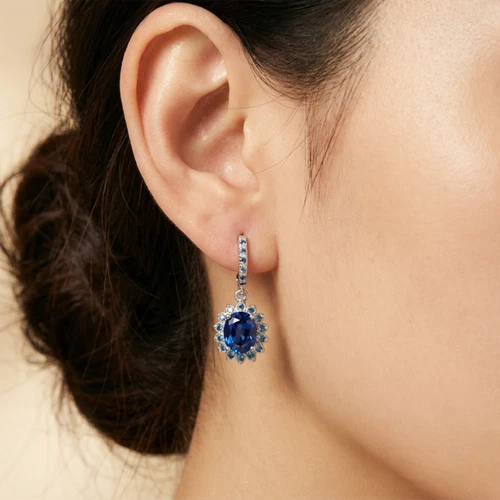 Royal Blue Sapphire Oval 7.20Ct 925 Sterling Silver Handmade Lever Back Earrings