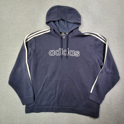 Adidas Hoodie Mens 2XL Navy Striped Drawstring Casual Relaxed Spell Out Logo